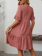 Mandy Ruffled Ruched Round Neck Half Sleeve Dress OutfitFlow